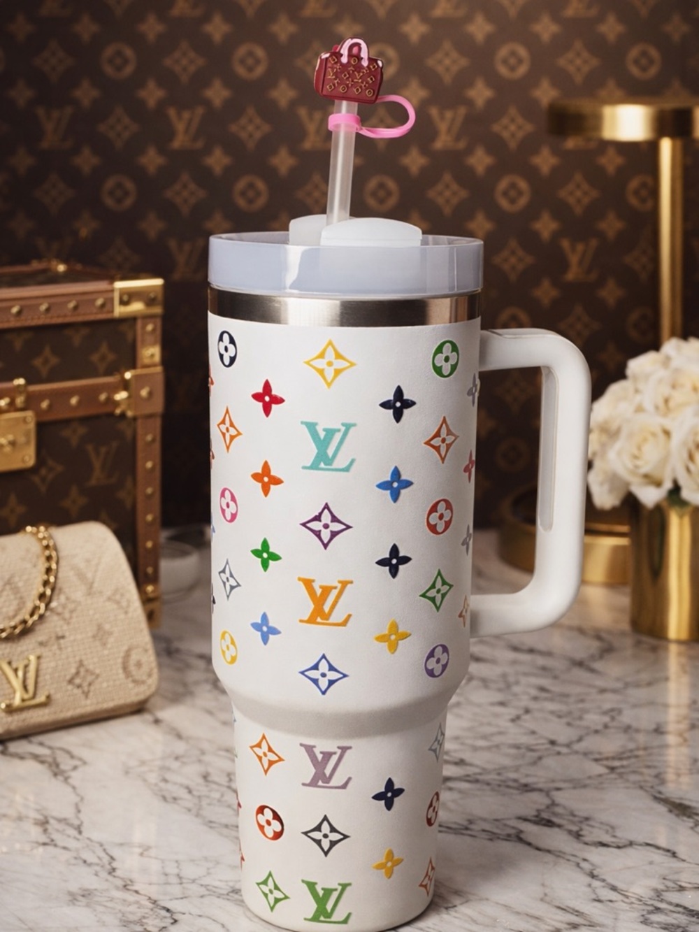 Louis Vuitton White Multicolor Monogram Travel Mug with Handle